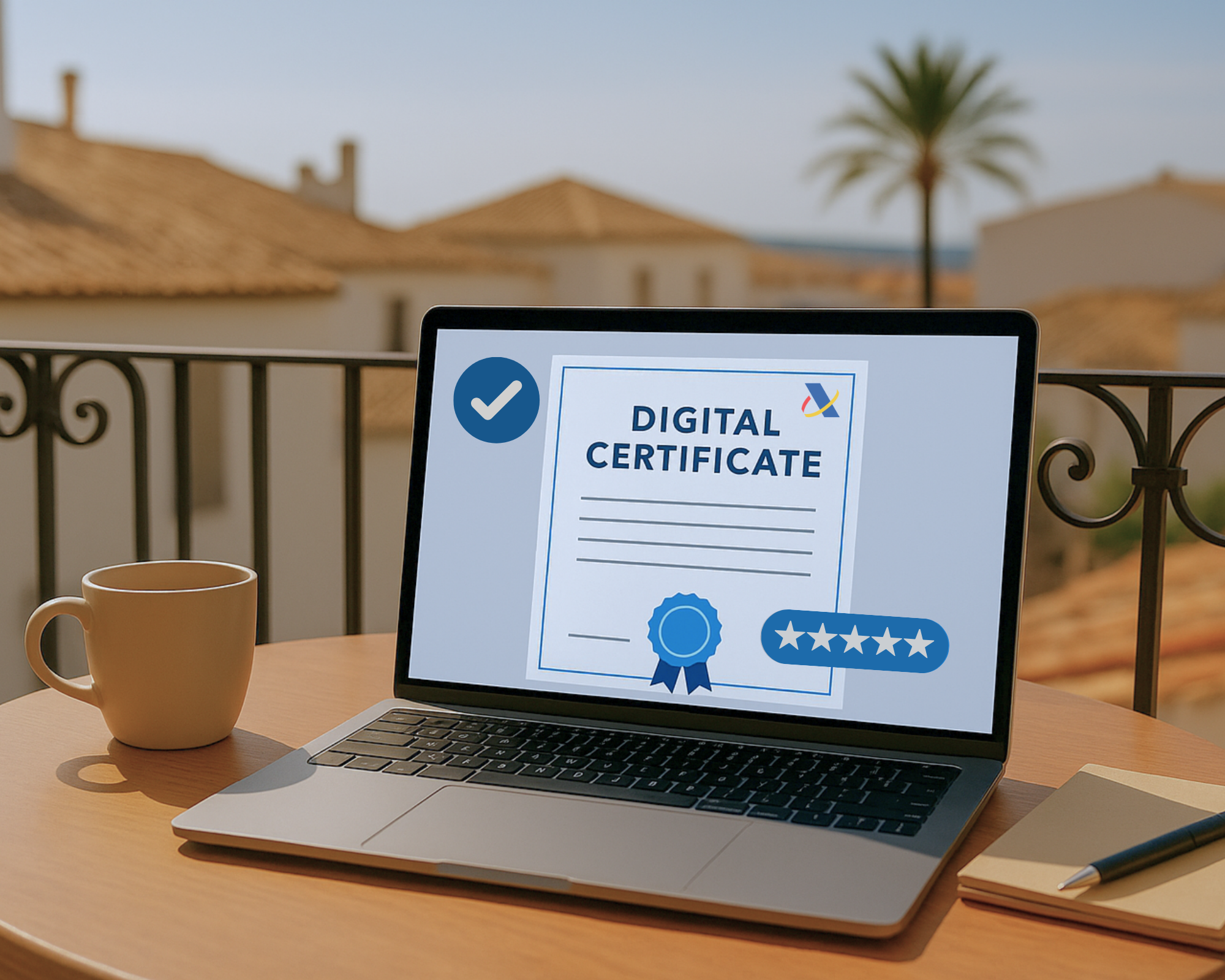 Laptop on a terrace table displaying IberianTax digital certificate online process for expats in Spain