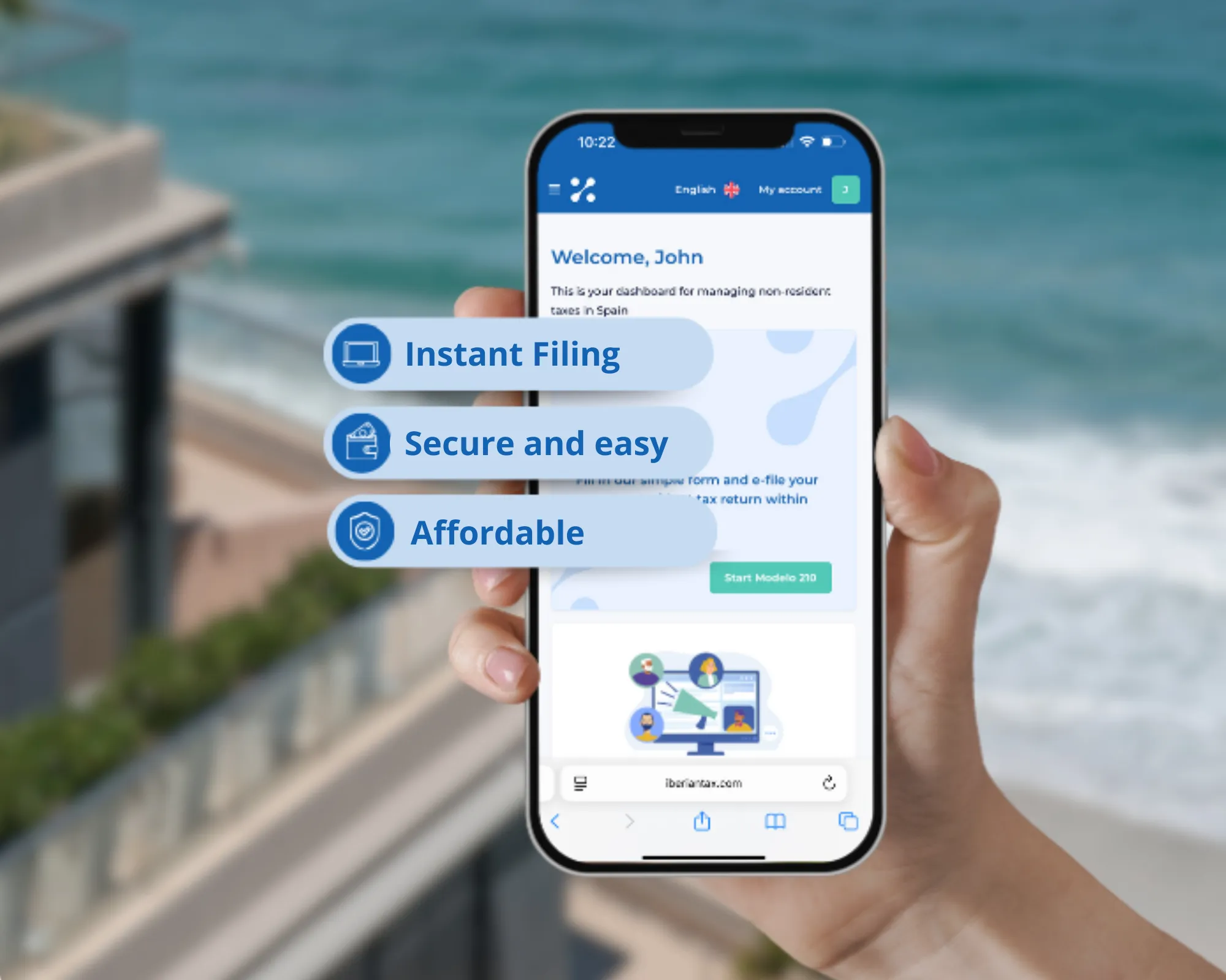 Smartphone screen with icons for instant, secure and affordable tax filing - IberianTax