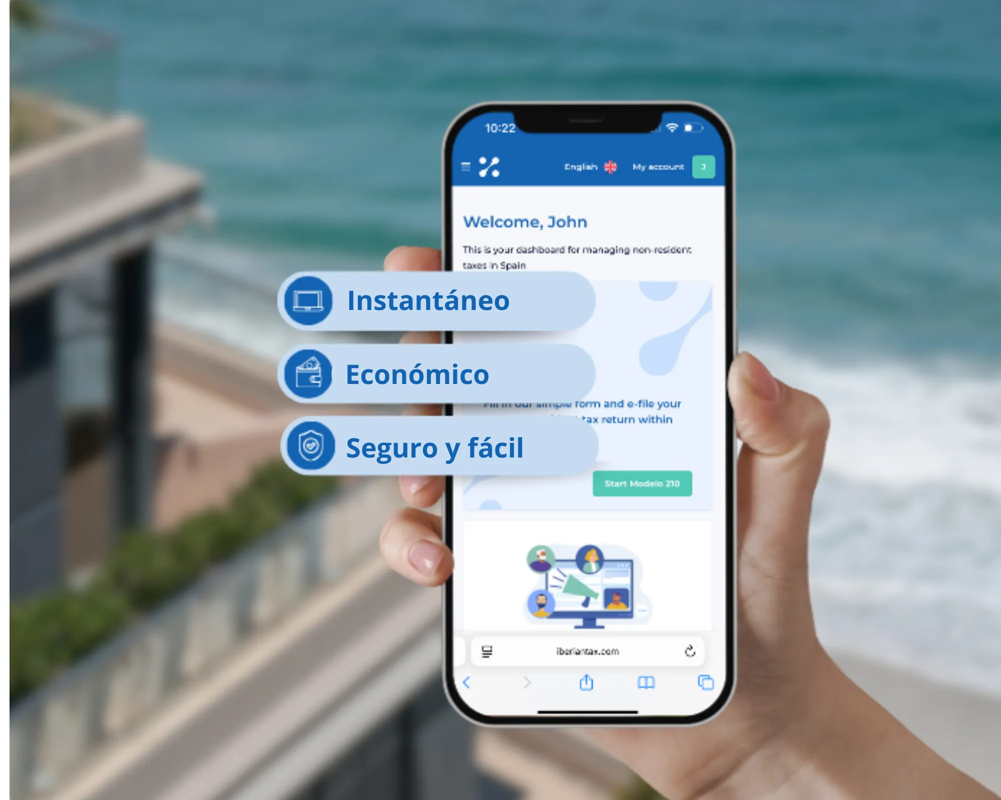 Smartphone screen with icons for instant, secure and affordable tax filing - IberianTax