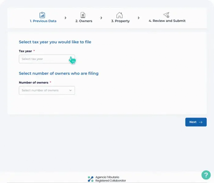 Modelo 210 tax filing form in Spain with fields for tax year, owners, main owner, and property details