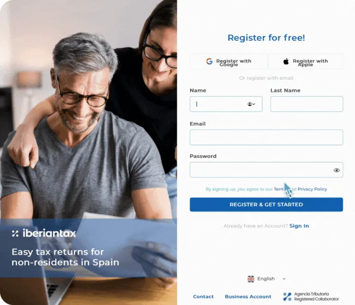 IberianTax sign-up page for non-resident property owners in Spain with Google or Apple registration options
