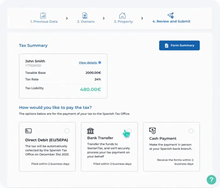 Modelo 210 summary page on IberianTax with personal details, payment options, terms and conditions checkbox, and file and pay button leading to confirmation