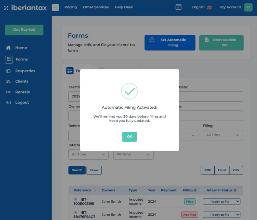 IberianTax Partner summary page showing client file details, payment options, terms checkbox, and file and pay button