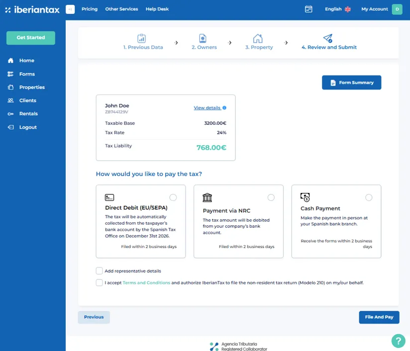 Platform dashboard showing a partner user key metrics, including volume of tax returns, properties, clients, and monthly returns
