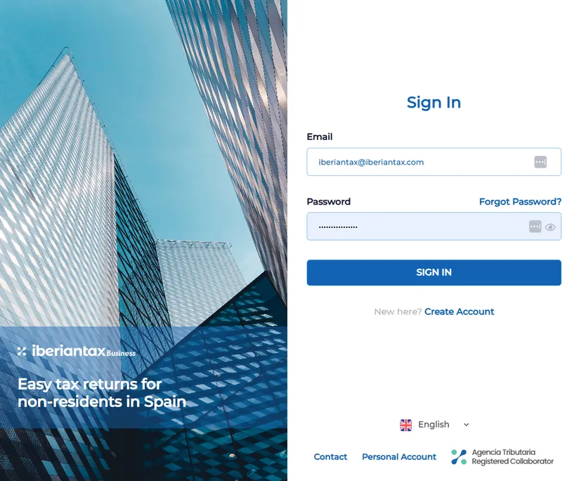 IberianTax sign-up page for professionals interested in partnering to file Modelo 210 forms