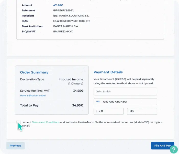 Modelo 210 summary page on IberianTax with personal details, payment options, terms and conditions checkbox, and file and pay button leading to confirmation