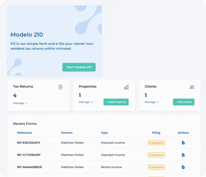 Platform dashboard showing a partner user key metrics, including volume of tax returns, properties, clients, and monthly returns