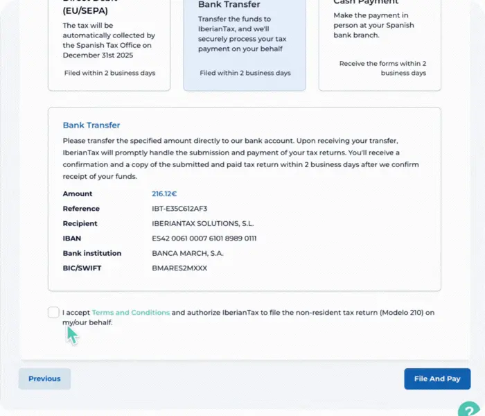 IberianTax Partner summary page showing client file details, payment options, terms checkbox, and file and pay button